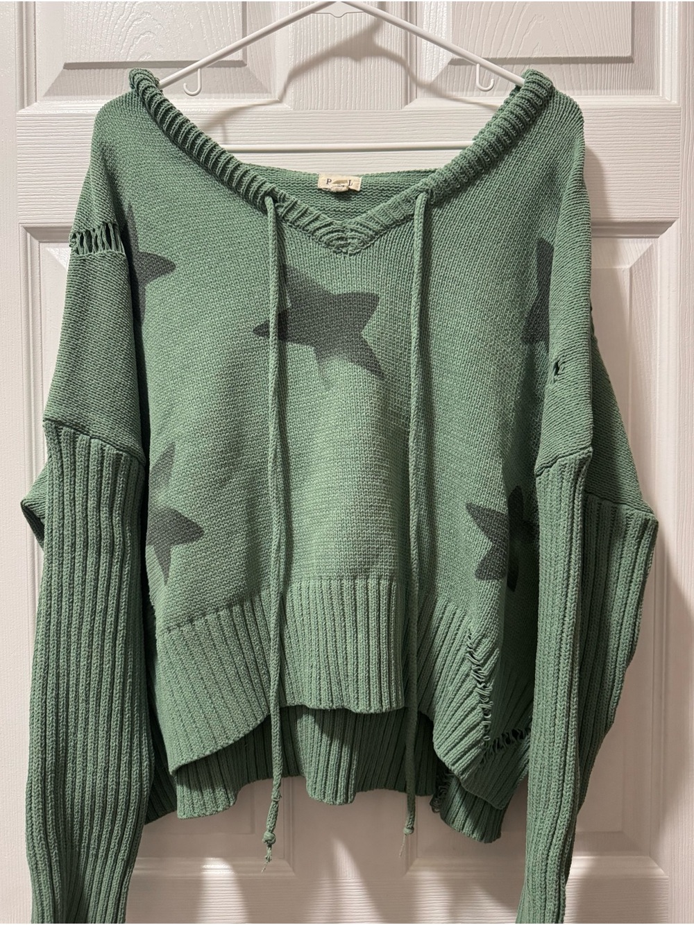 POL Mint Green Slouch Star-Print V-Neck Drawstring Sweater